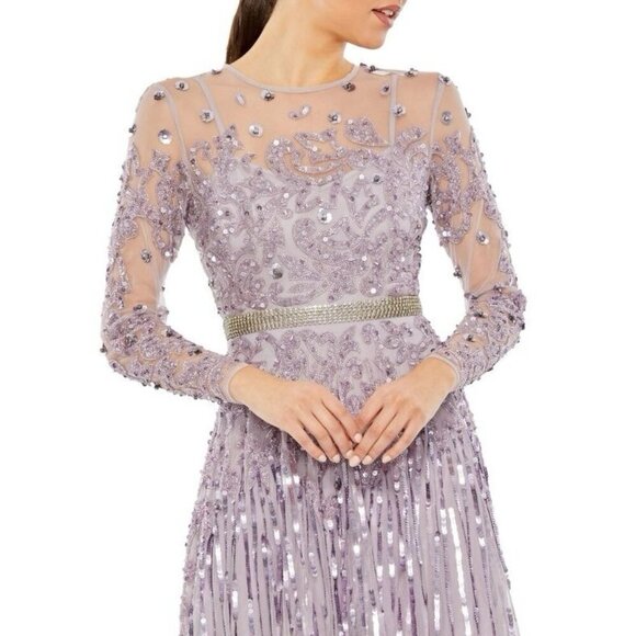 Mac Duggal Size 20 Purple 93633 Long Sleeve Sequin Beaded Midi Cocktail Dress - Picture 3 of 14